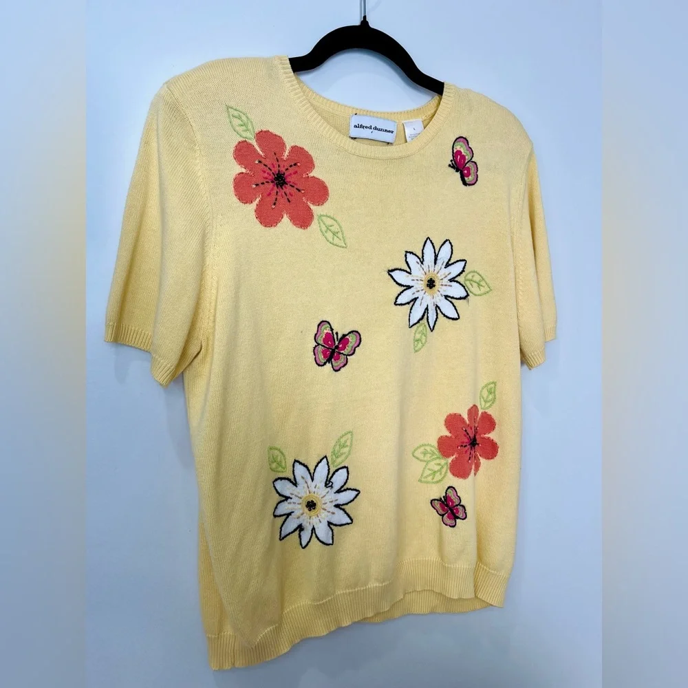 Alfred Dunner • Women’s Vintage Yellow Floral Embroidered Short Sleeve Tee Top L - Picture 4 of 9
